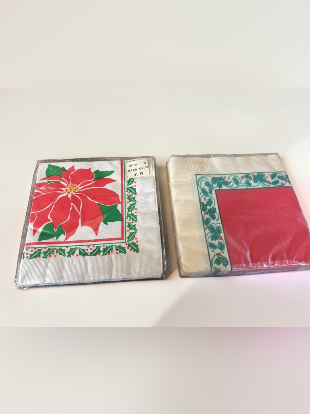 Vintage Christmas Paper Napkins NOS Lot of 2 Poinsettia Holly Sealed